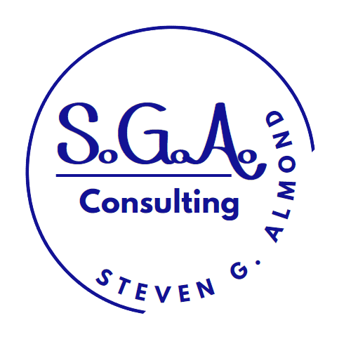 S.G.A. Consulting logo featuring stylized blue script lettering with ‘Steven G. Almond’ curved along the bottom of a circular emblem